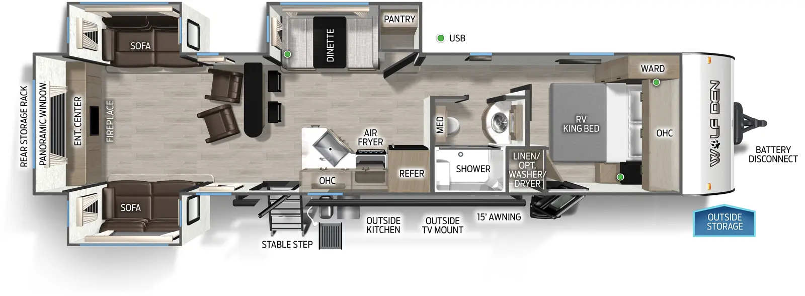The Wolf Den 306MM floorplan has two entries and three slide outs. Exterior features include: metal exterior, 15' awning and outside kitchen. Interiors features include: front bedroom and rear living.